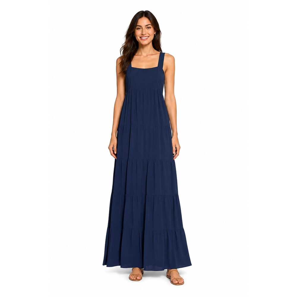 Vince Camuto Tiered Rayon Maxi Dress Sleeveless Navy Blue Boho Sundress Women’s
